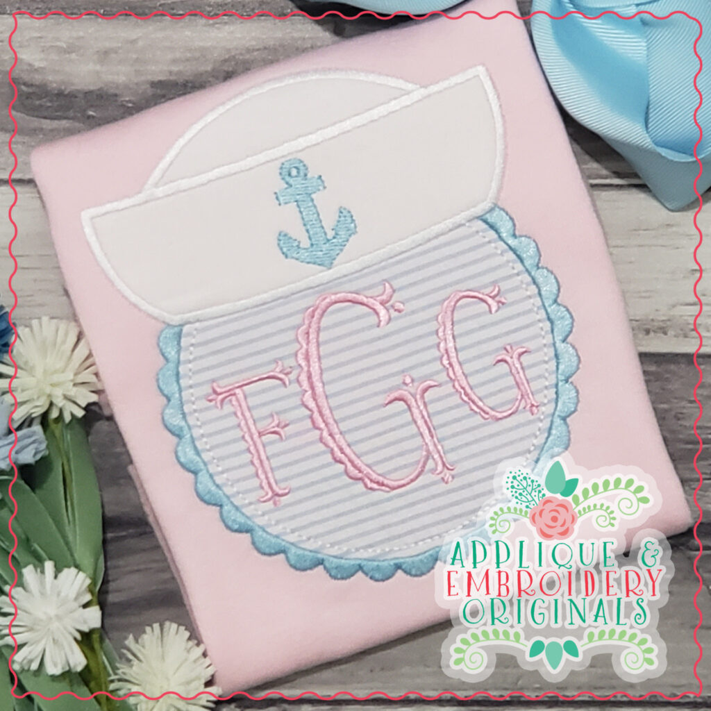 1813 Sailor Hat Scalloped Monogram Frame Applique Design Applique