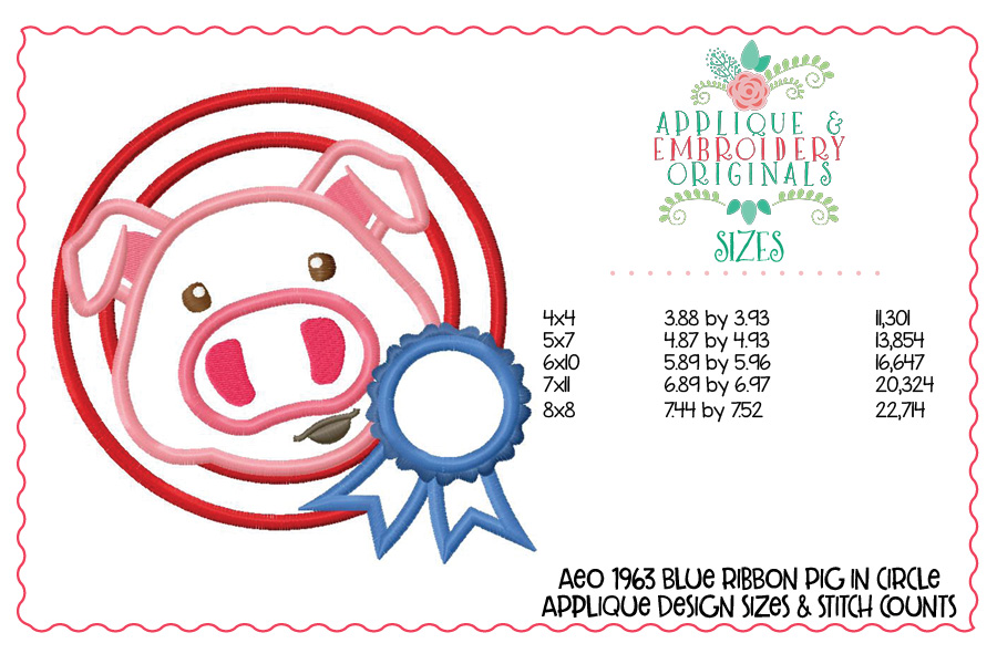 1963 Blue Ribbon Pig in Circle Applique Design Applique & Embroidery