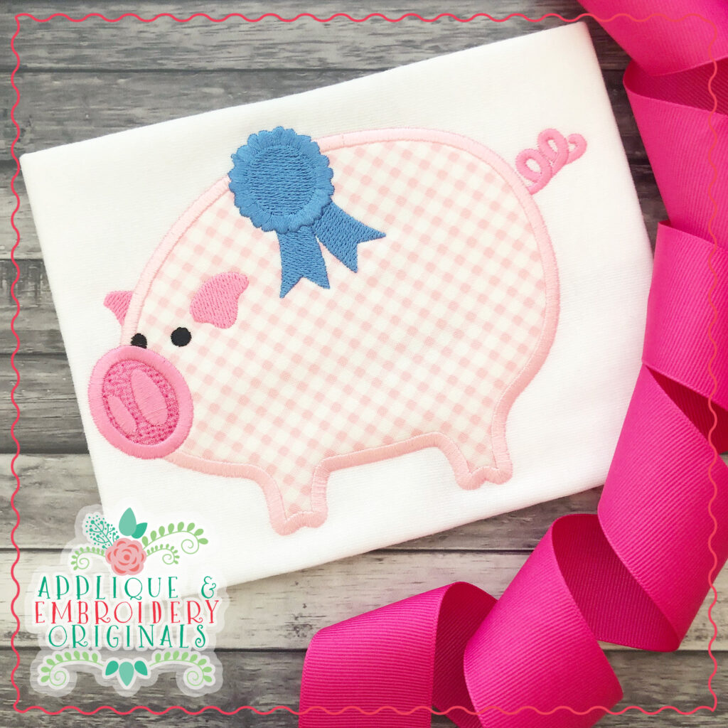 1973 Pig with Blue Ribbon Applique Design Applique & Embroidery Originals