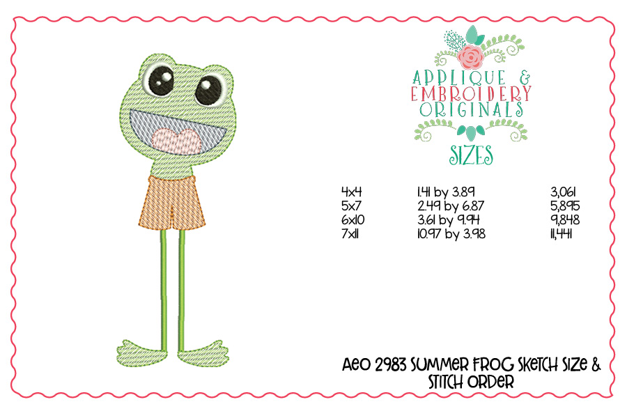 2983 Summer Frog Long Leg Sketch Design Applique